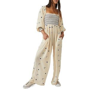 Free People Womens Dahlia Ivory Floral Square Neck Jogger Jumpsuit NWT